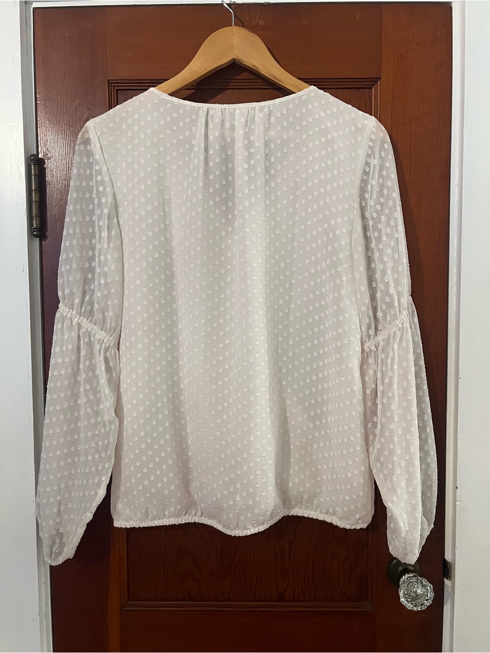 LOFT White Swiss Dot Wrap Blouse XS Long Sleeve V-Neck Balloon Sleeve Boho Top - Picture 10 of 10